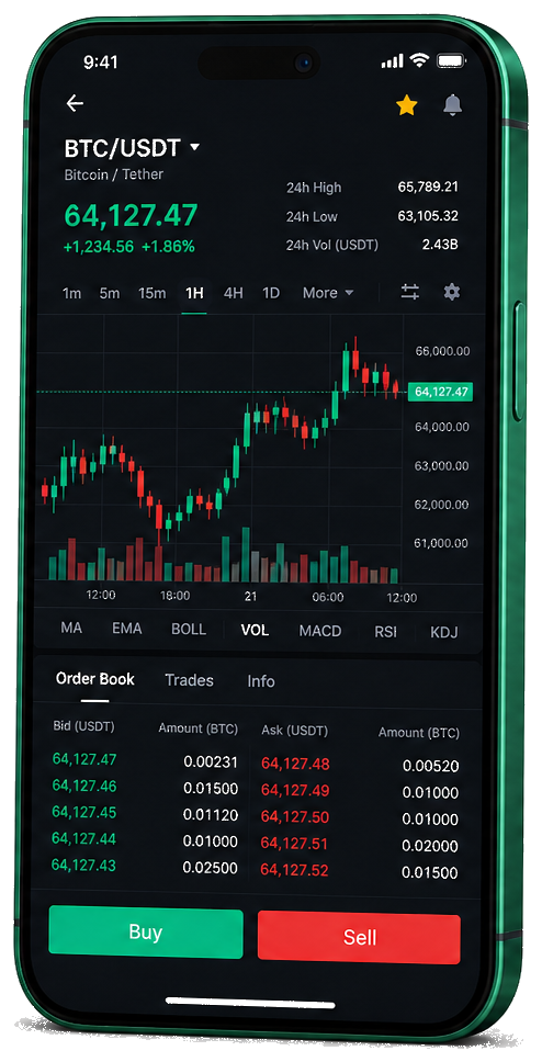 Fuerte Inversovia app móvil para trading — gráficos en tiempo real BTC/USDT, libro de órdenes y panel de operaciones